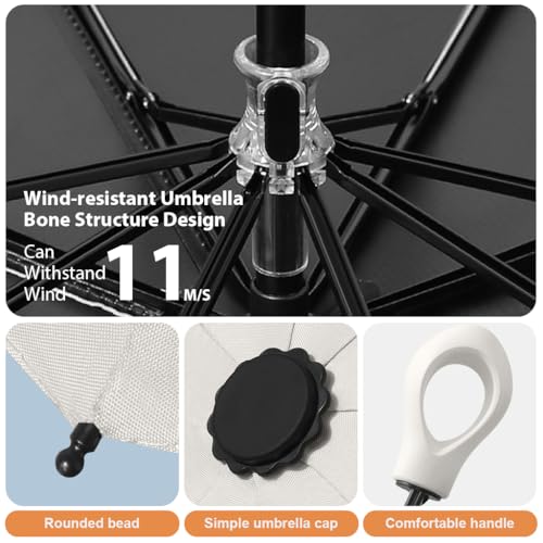 HASTHIP® UPF 50+ Sun Protection Travel Umbrella, Compact Folding Lightweight Windproof Rain & UV Blocking Umbrella with Fiberglass Ribs, Water-Resistant Black Coated Liner, Beige
