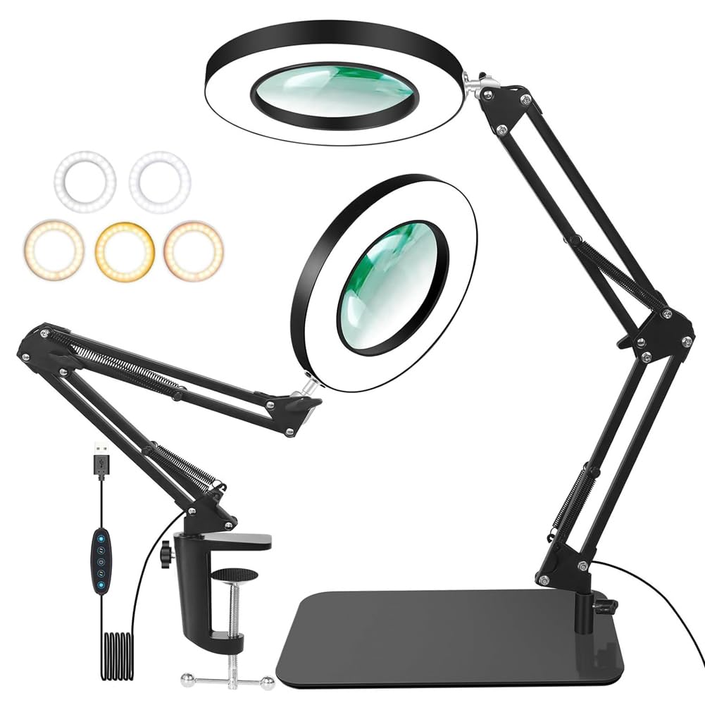 HASTHIP Magnifying Glass with Light for Reading and Crafts featuring 10X Lens and 2-in-1 Clamp Stand | 5 Color Modes Adjustable Lamp