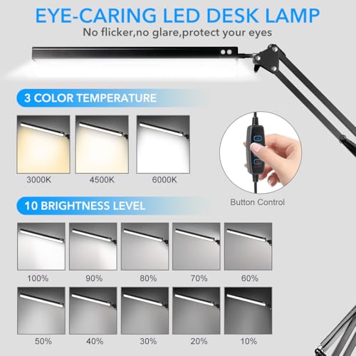 HASTHIP® LED Desk Lamp with Clamp, USB Powered, 3-Color Modes, Dimmable Eye-Caring Reading Light, Flexible Gooseneck, Adjustable Brightness, Table Lamp for Home, Office, Study, Crafting (Black)