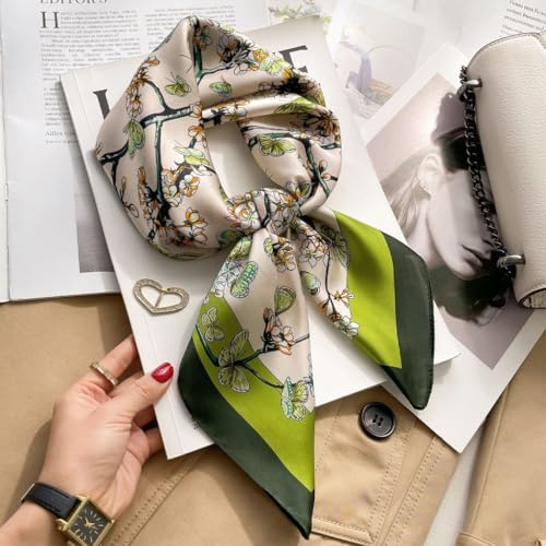 HASTHIP® Pañuelo Grande Cuadrado Mujer 90x90cm, Estampado Vintage Elegante, Bufanda de Pelo Seda Suave, Bandana Ligera Versátil Accesorio de Moda Verde