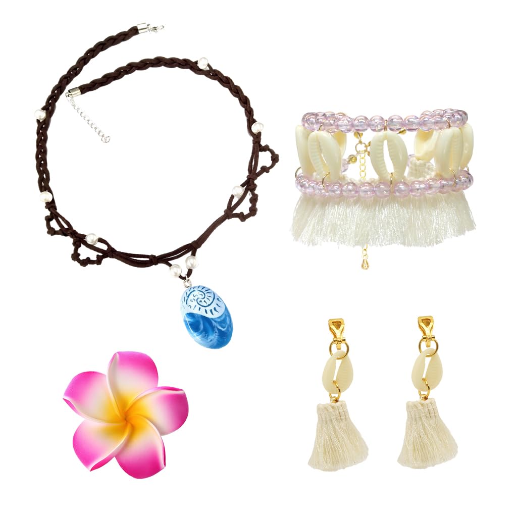 HASTHIP® Set de Collar y Joyería de Princesa Moana para Niñas,4 Piezas Accesorios Disfraz con Collar Azul Oceánico,Tobillera Conchas Pendientes Borlas y Clip Flor Tropical