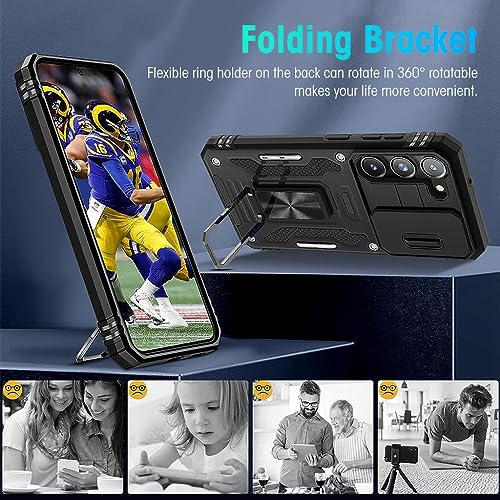 HASTHIP® Phone Case for Samsung Galaxy S23 with Rotatable Kickstand Phone Grip, S23 Hard PC Phone Case with Sliding Camera Cover Anti-scratch Phone Cover for Samsung Galaxy S23