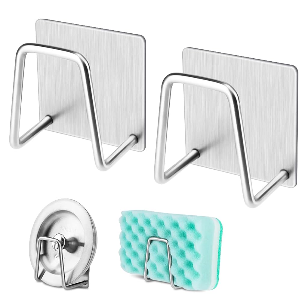 HASTHIP® 2Pcs Self Adhesive Sponge Holder Sink Caddy for Kitchen Sink, 304 Stainless Steel Scrubber Hanger Caddy Accessories forKitchen Accessories, Sliver