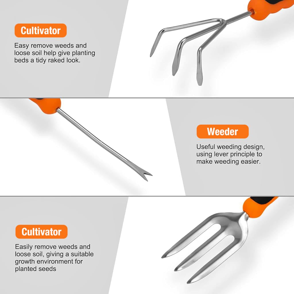 HASTHIP® Gardening Tools Set of 7Pcs Heavy Duty Stainless Steel Garden Planting Tools Home Gardening Tool Set with Pruning Shear, Gardening Fork, Trowel, Shovel, Weeder Tool, Seeding Tool, Tool Bag