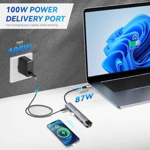 HASTHIP® USB C Hub with Ethernet RJ45 7 in 1 USB Type C Hub with 4K HDMI Converter, PD 87W Charging Por