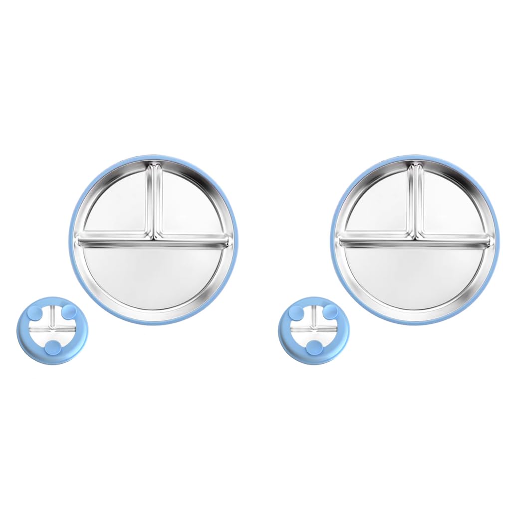 HASTHIP Kids Food Plate for Toddlers with Suction Cups 9 Inch 3 Compartment Stainless Steel | 2PCS