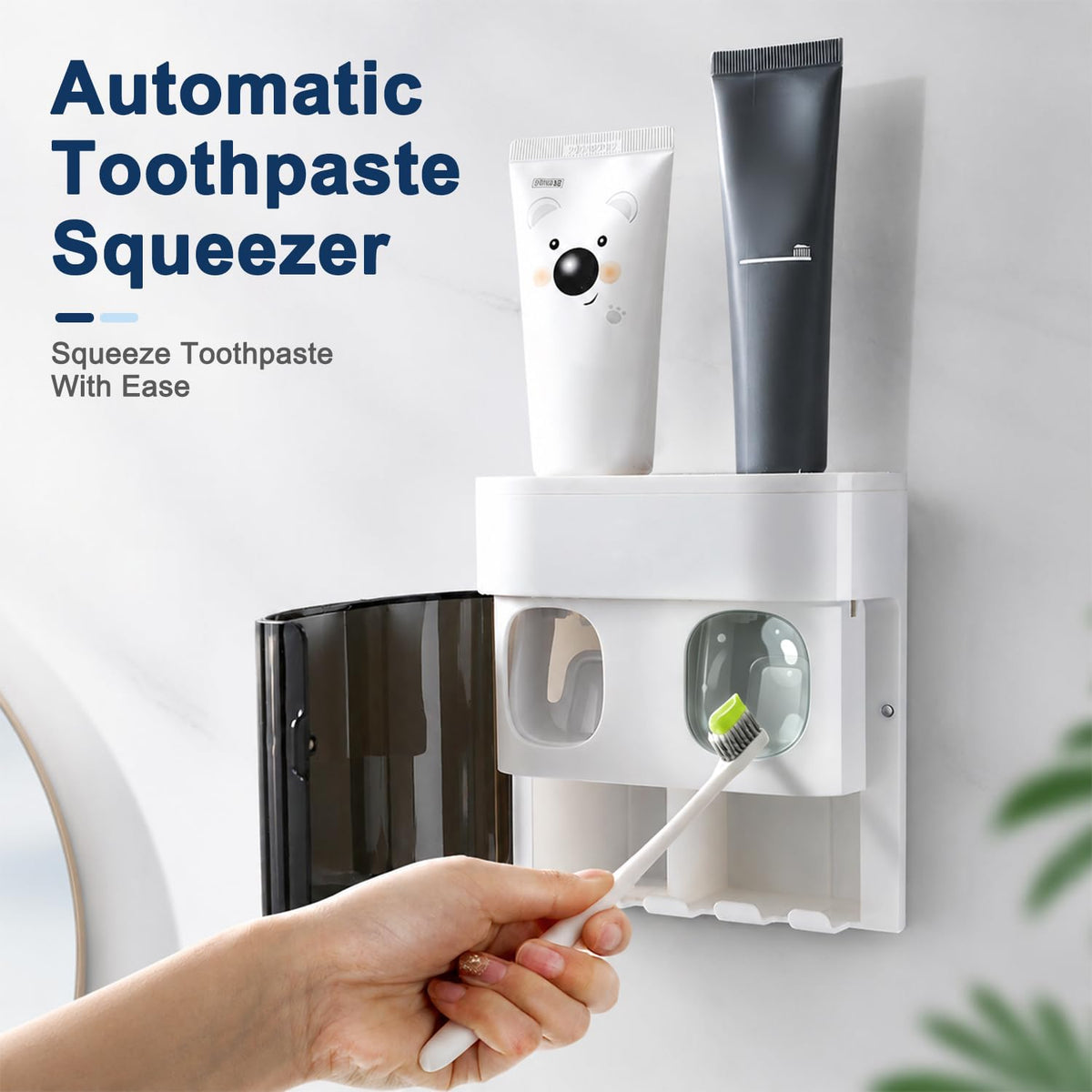 HASTHIP Wall Toothbrush Holder with 4 Slots and Toothpaste Dispenser Dust Proof Waterproof