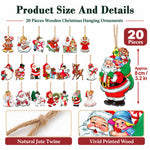 HASTHIP 20-Piece Wooden Christmas Tree Ornaments with Vintage Patterns, 8 cm Tall and Hanging Ropes