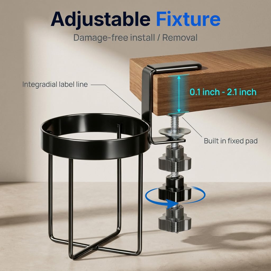 HASTHIP Adjustable Clamp-On Desk Cup Holder with Threaded Fit for Surfaces Up to 1.7 Inches Thick