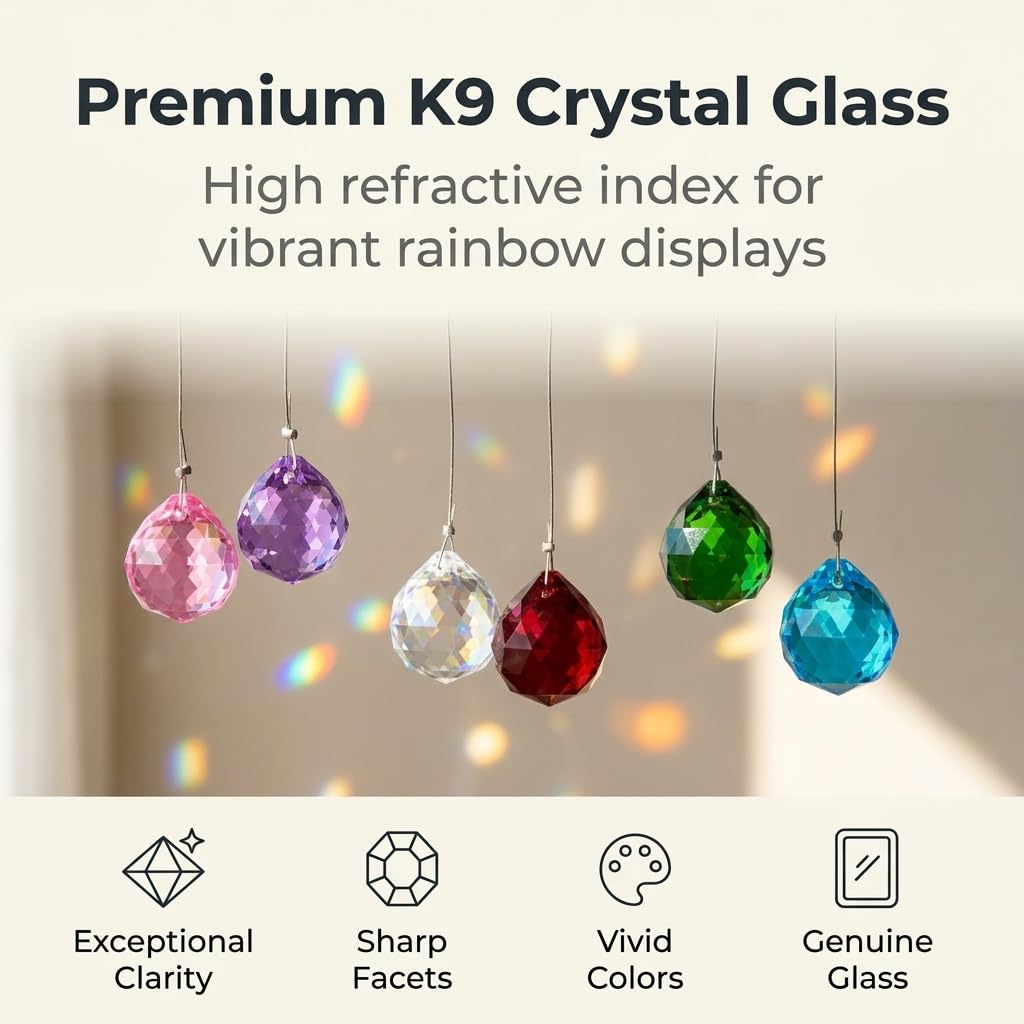 HASTHIP 12 Pcs 20mm Multicolor Crystal Ball Prism Suncatchers Steel Wire Rope And Ring