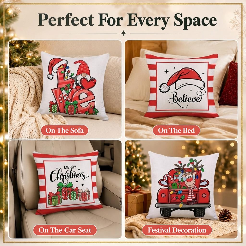 HASTHIP Set of 4 Christmas Cushion Covers, 18 x 18 Pulgadas, with Reindeer, Santa and Snowman Prints