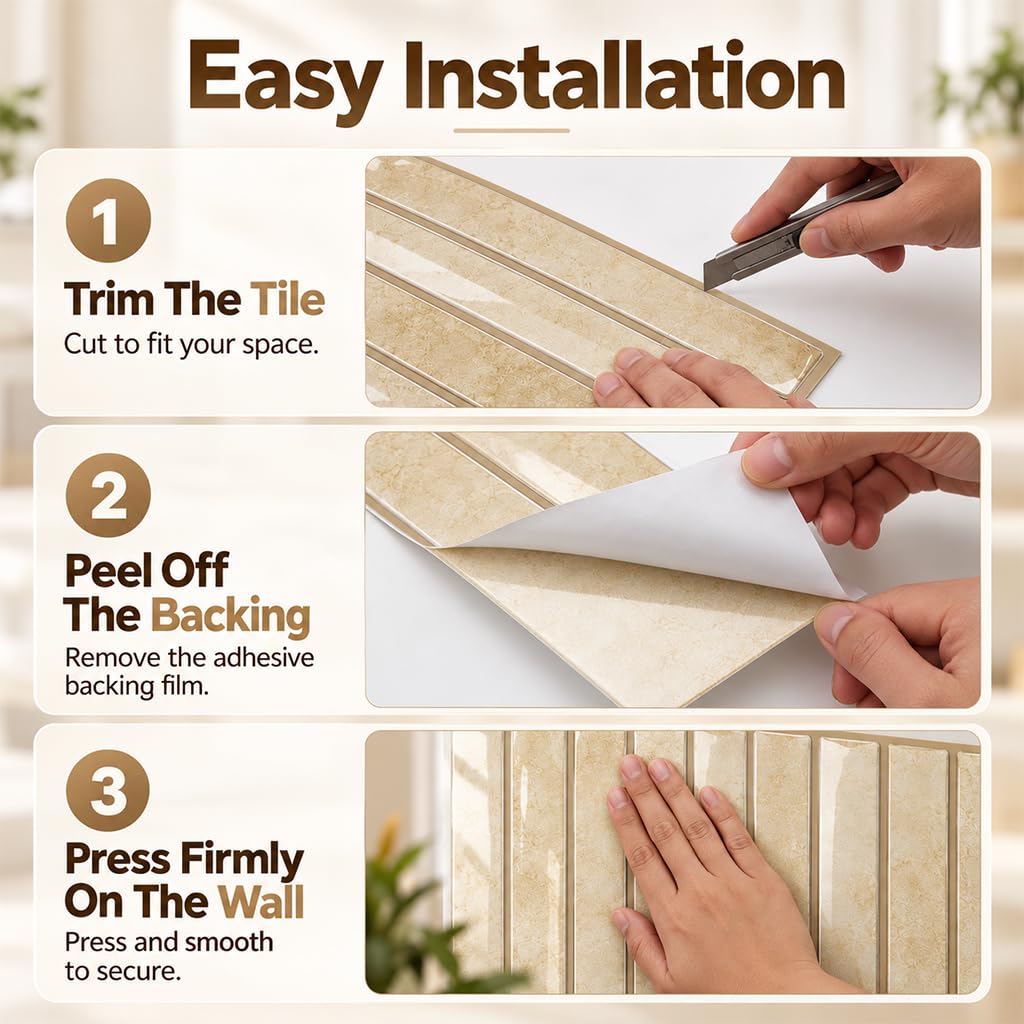 HASTHIP 3D Peel-and-Stick Backsplash Tiles, 10 Sheets in Chestnut for Easy DIY Wall Updates