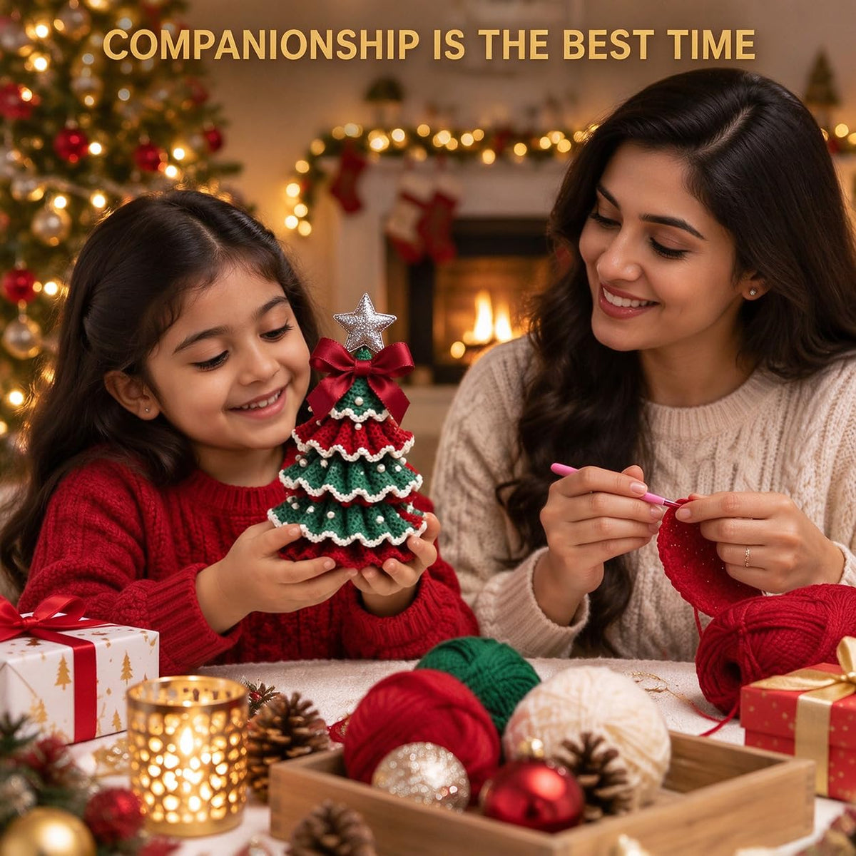 HASTHIP DIY Crochet Christmas Tree Kit with Hook, Soft Yarn, Pearls, Bows and Beginner Instructions