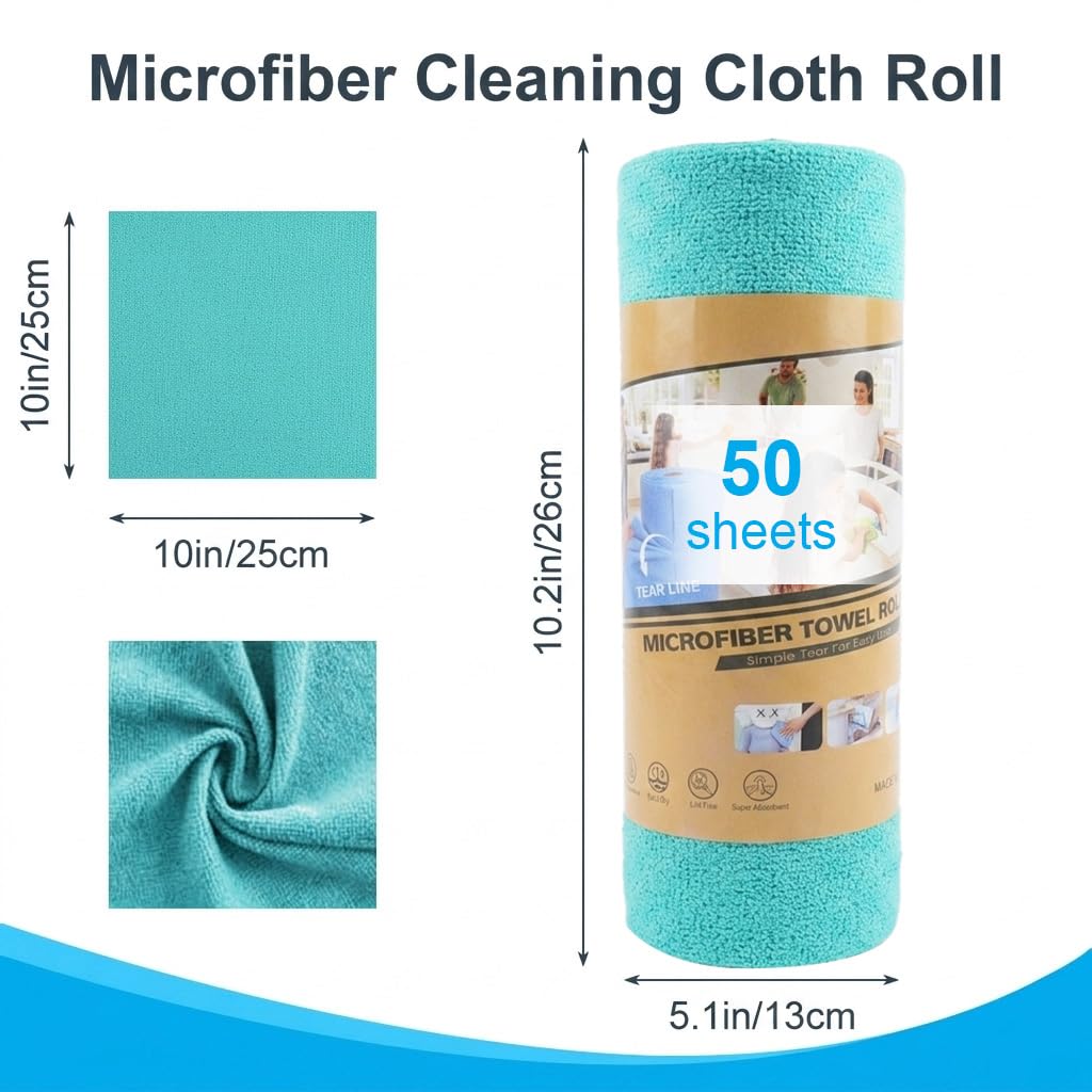 HASTHIP 50-Pack Microfiber Cleaning Cloth Roll with Tear-Away, Reusable, High-Absorbency Sheets