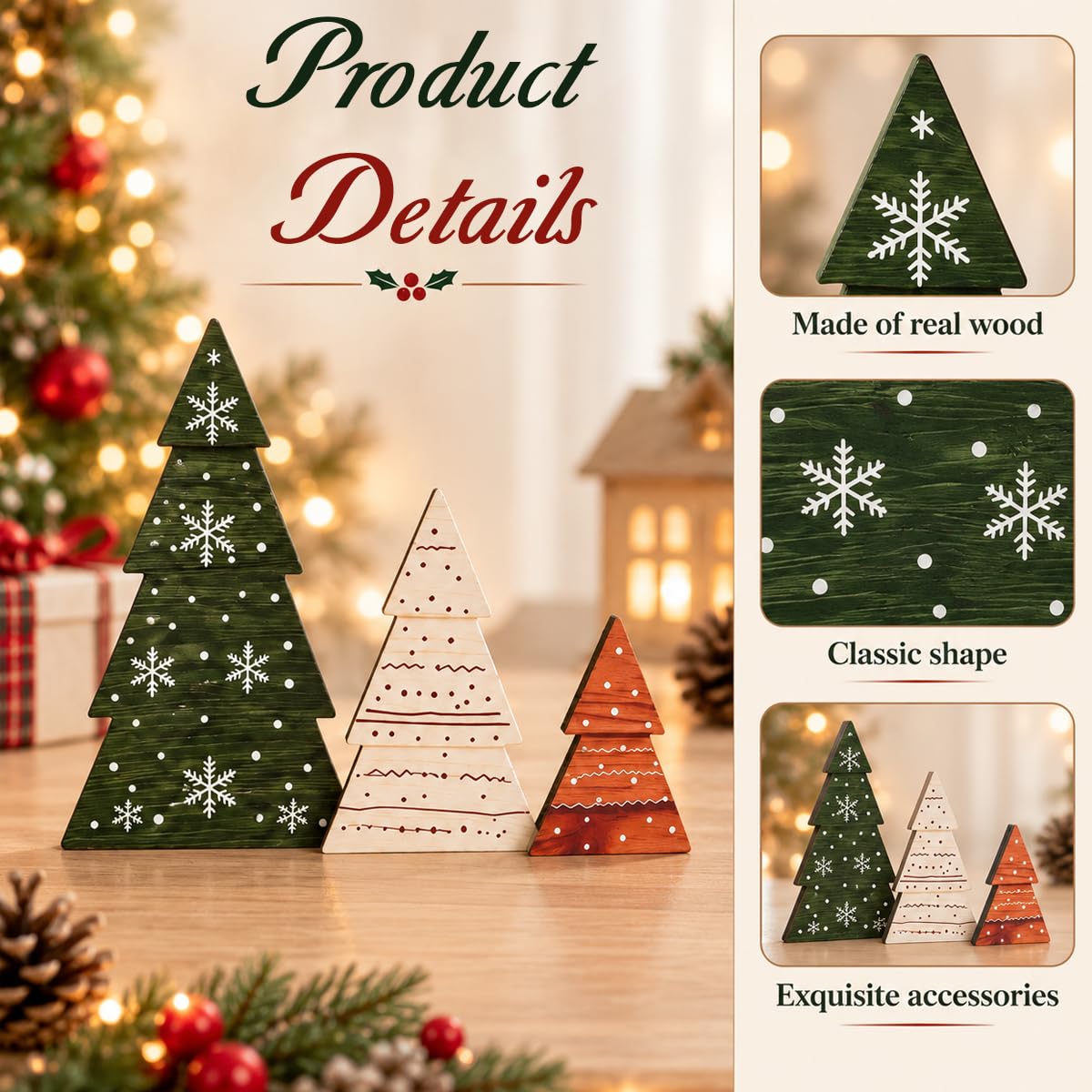 HASTHIP 3-Piece Green Boxwood Tabletop Christmas Tree Set with Vintage Distressed Finish