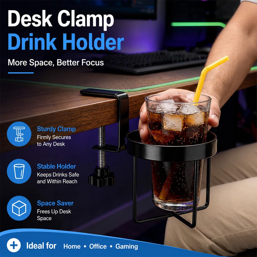 HASTHIP Adjustable Clamp-On Desk Cup Holder with Threaded Fit for Surfaces Up to 1.7 Inches Thick