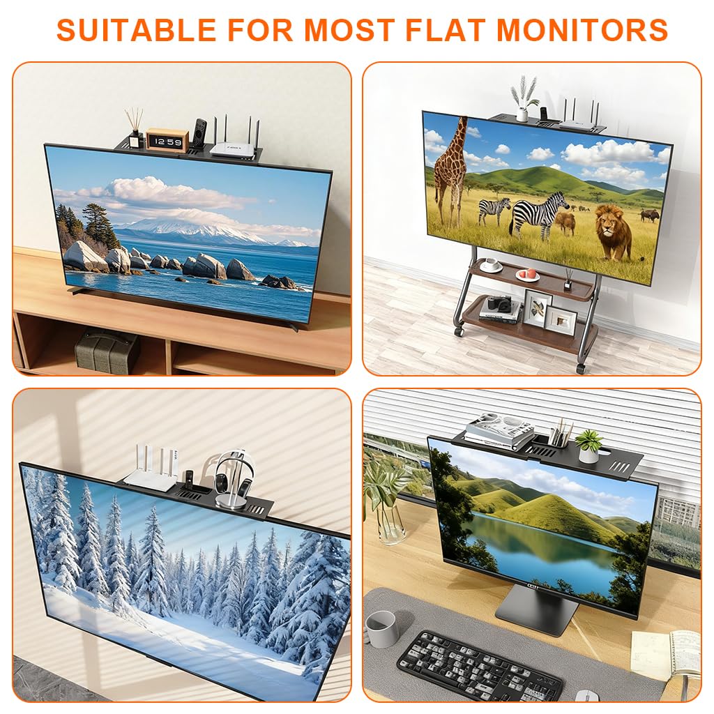 HASTHIP Adjustable Steel TV Top Shelf with Storage Box and No-Drill Mounting, Black Finish