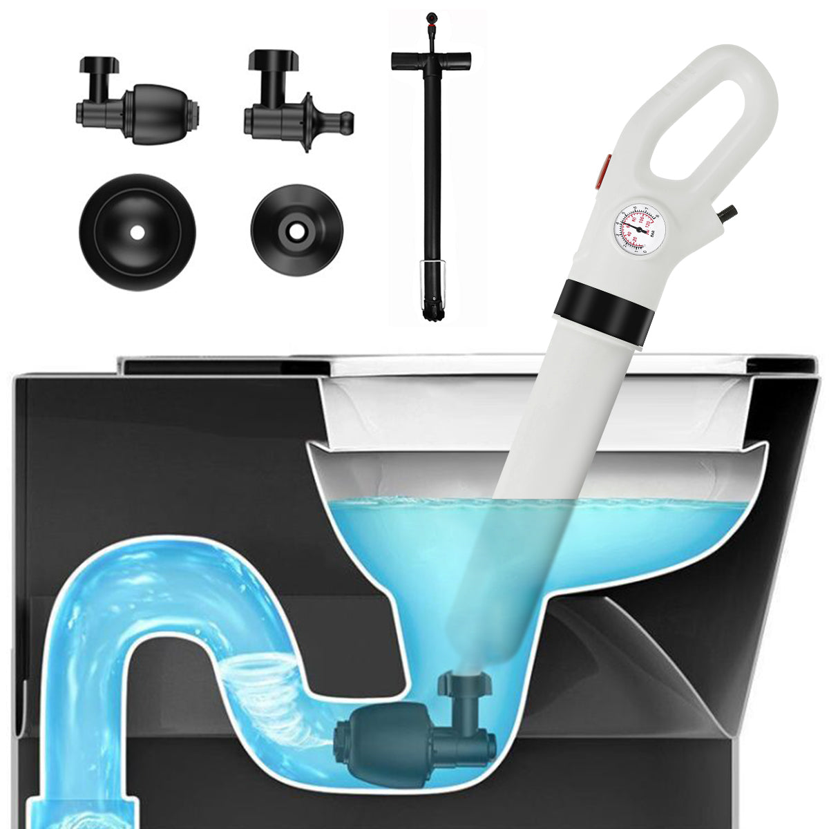 HASTHIP® Toilet Plunger Safe Pressurized Air Drain Plunger Tool with Air Pump Trigger Design Manual Pneumatic Clog Cleaner Tool with Interchangeable Attachment Heads, for Kitchen Sink, Toilet