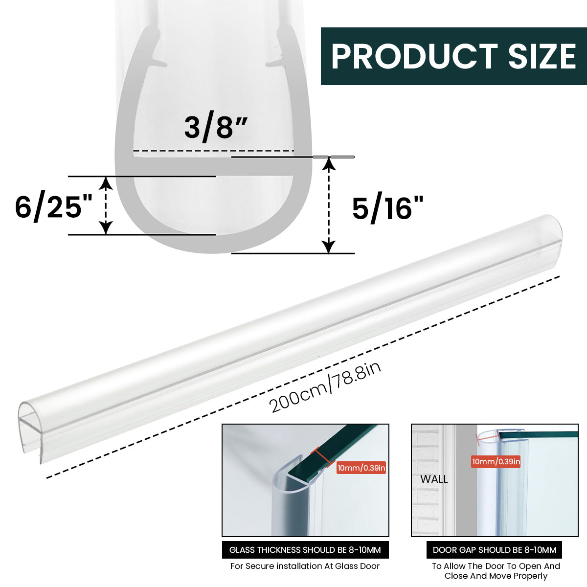 HASTHIP® Shower Door Seal, 6.6Ft Glass Shower Door Sweep for 3/8Inch Frameless Shower Door Side Seal U-Type Door Seal Strips Waterproof Door Sealing Jam Stop Leak