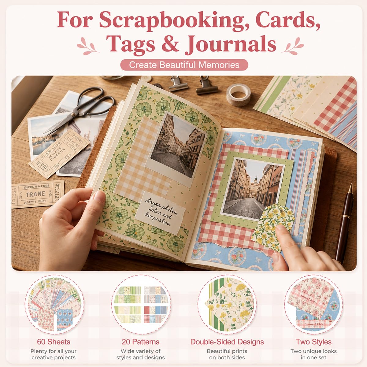 HASTHIP 60-Sheet Double-Sided Floral Scrapbook Paper for Journals, Cards and DIY Crafts
