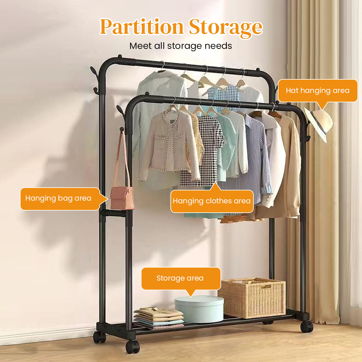 HASTHIP® Garment Organizer Rack Moving Floor Clothes Rack Garment Rack with Wheel Double Layer Metal Clothes Organizer Rack with Utiliy Shoe Rack Multi Purpose Open Garment Organizer Rack