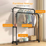 HASTHIP® Garment Organizer Rack Moving Floor Clothes Rack Garment Rack with Wheel Double Layer Metal Clothes Organizer Rack with Utiliy Shoe Rack Multi Purpose Open Garment Organizer Rack