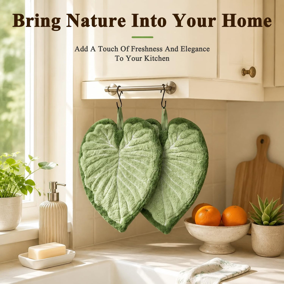 HASTHIP 2 Pack Hanging Leaf-Shaped Hand Towels in Soft Coral Fleece for Kitchen and Bathroom