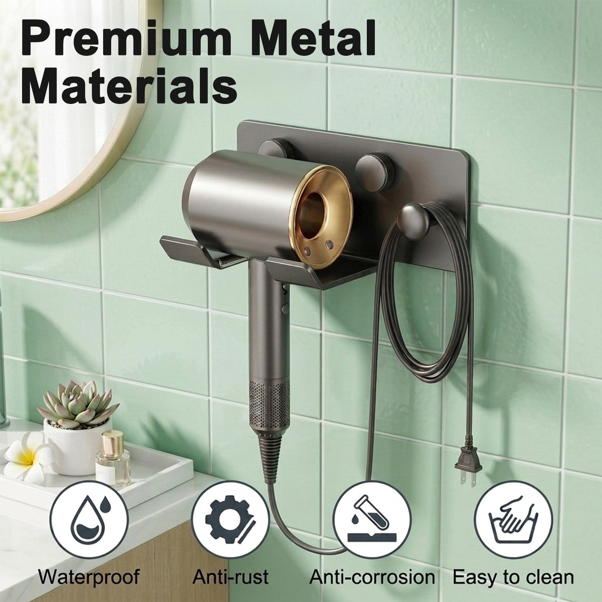 HASTHIP Wall-Mounted Hair Dryer Holder in Carbon Steel with U-Shaped Soft Rubber Support and Cord Hook