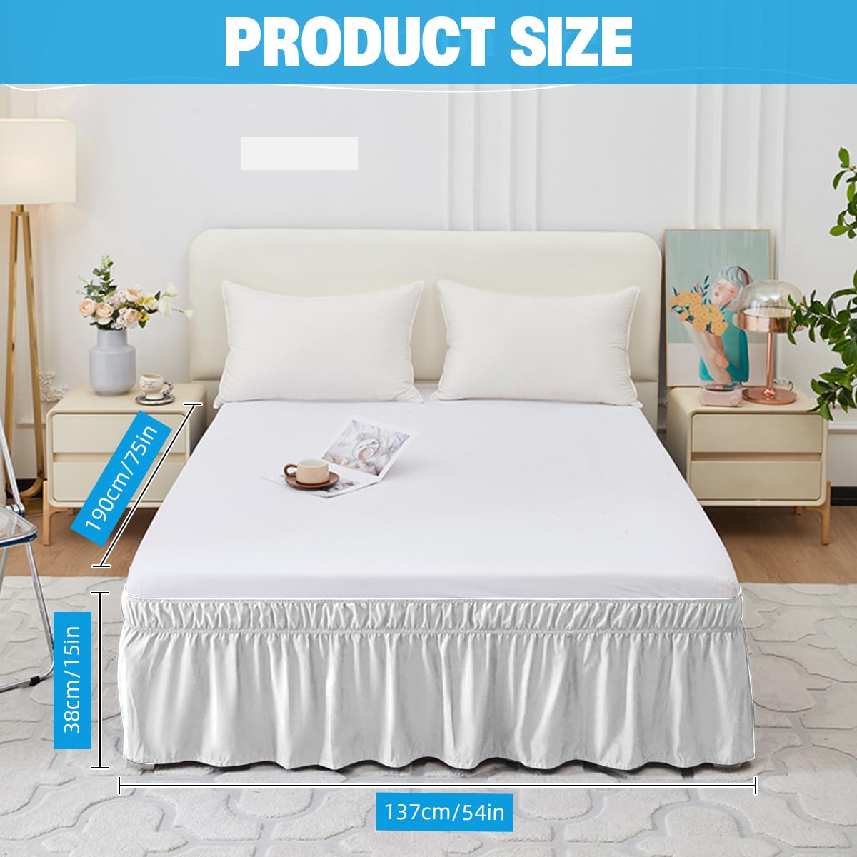 HASTHIP Pleated Bed Skirt for Double Bed 15 inch Drop with Ruffled Edges | White Polyester Cotton Blend 75x54 in