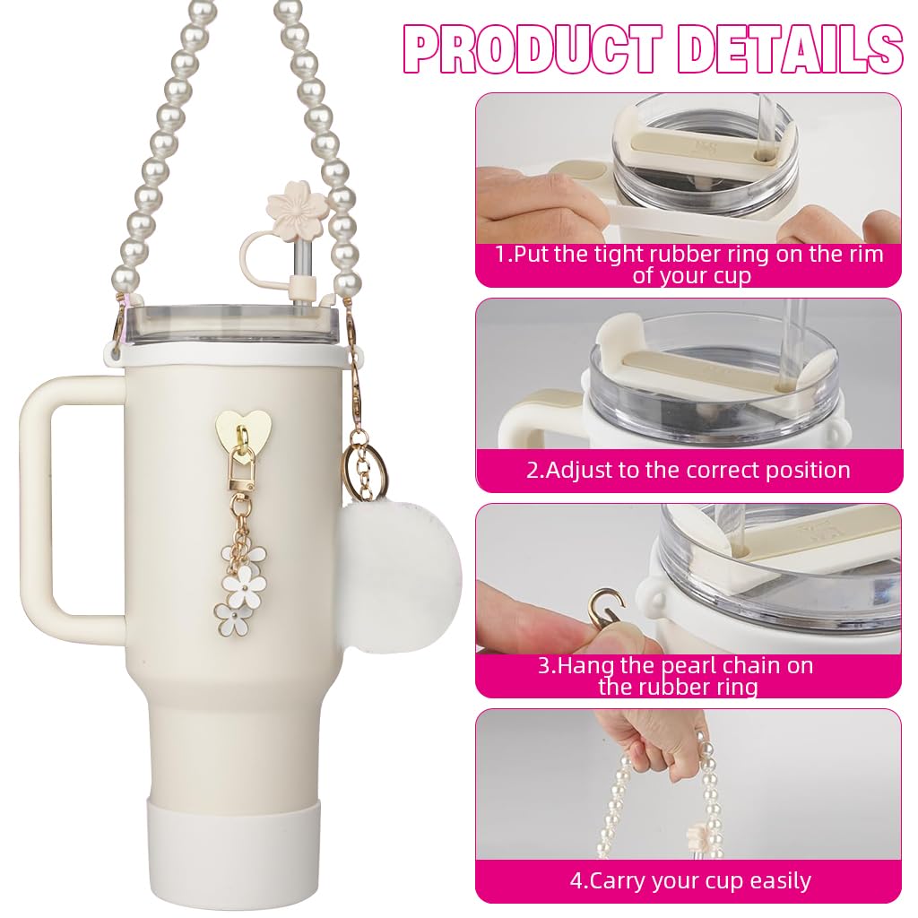 HASTHIP Stanley Cup Accessories Charm Kit Set 21PCS with Sakura Straw Cap and Pearl Chain