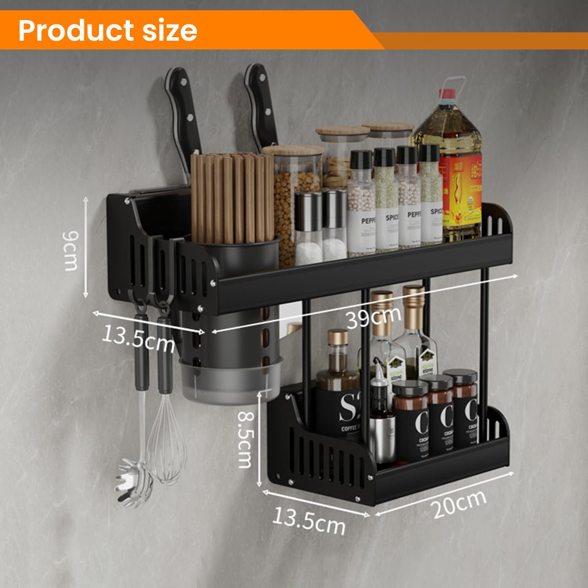 HASTHIP Wall Mount Aluminium Hanging Utensil Display Rack for Kitchen Storage with Double Layer Design