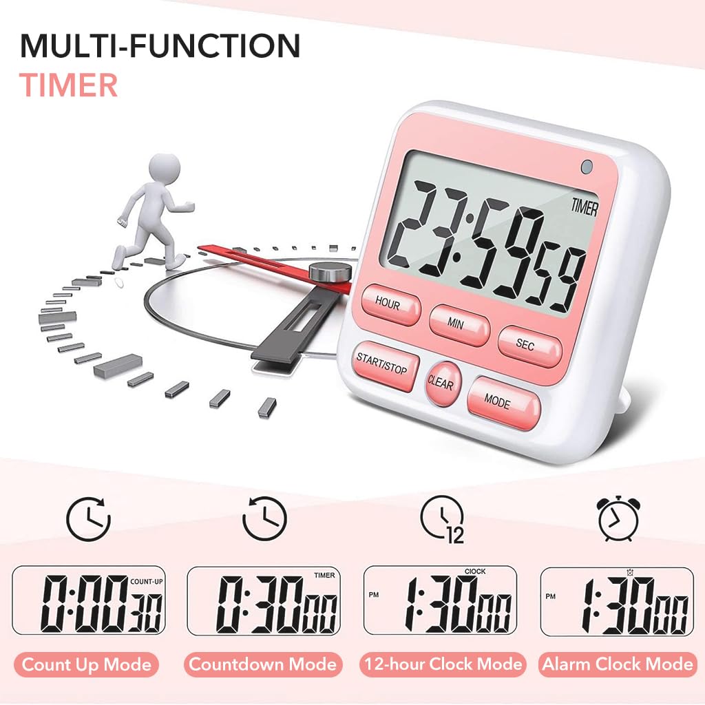 LCD Digital Timer Magnet Alarm Clock 24hs Countdown Timer Time Reminder Baking Timer with Folding Bracket Battery Powered Timer for Kitchen, Study, Working Out, Pink