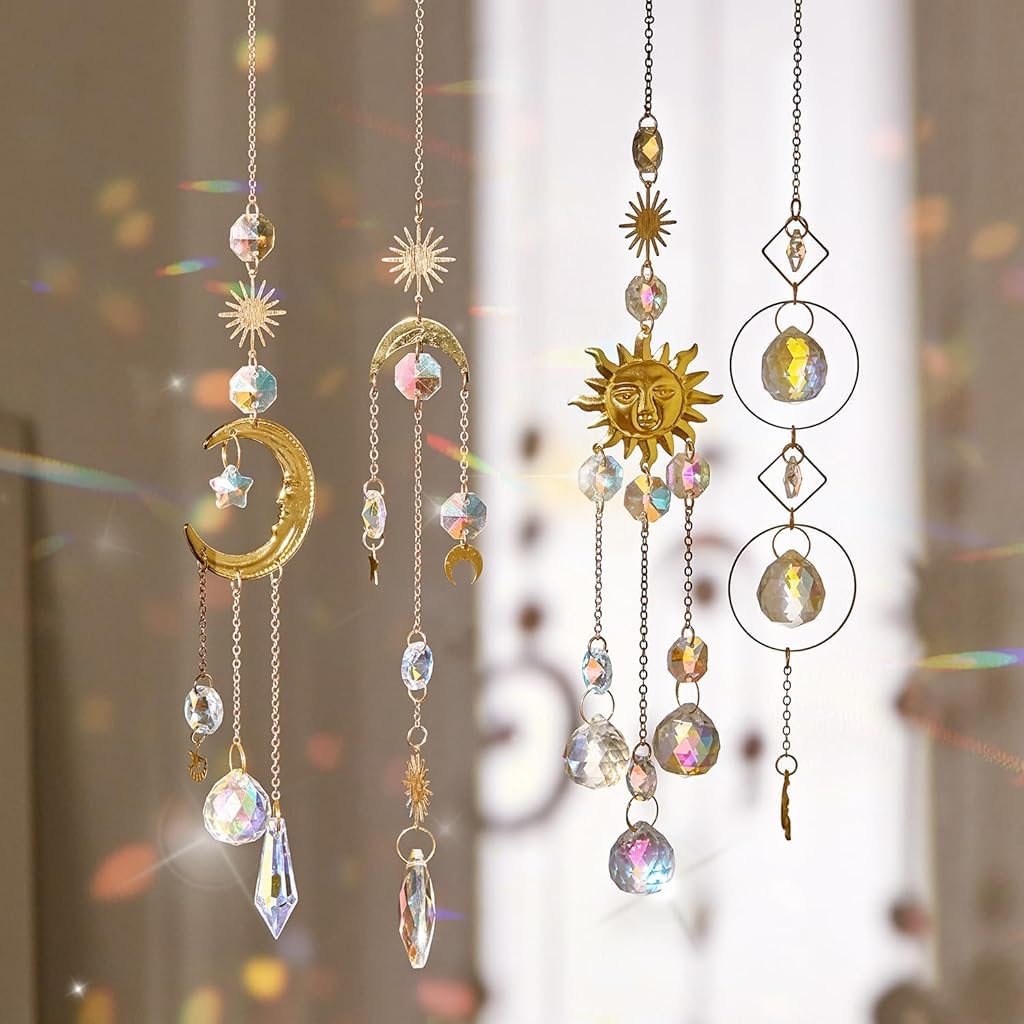 HASTHIP Crystal Sun Catcher Set for Home Decor with 4 Hanging Charms | Reflective Ornaments for Windows and Rooms