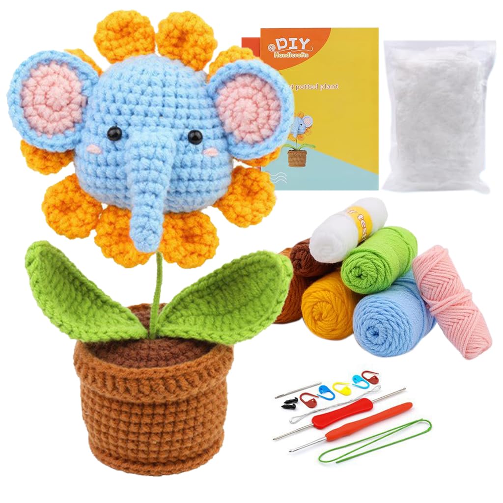 Crochet Stuffed Animal Kit Crochet Kit for Beginners Elephant Knitting Kit Full Set Crochet Starter Kit with Yarn, Polyester Fiber, Crochet Hooks, Tutorial Video, DIY Gift Friends (Sunflower)