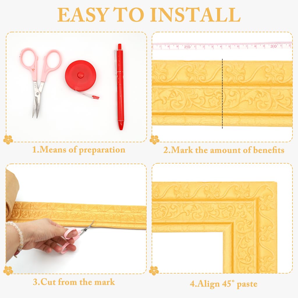HASTHIP Peel Stick 3D Foam Molding Trim for Walls featuring Self Adhesive Golden Strips 2.3m x 7.8cm | Waterproof Gold 3 Pcs