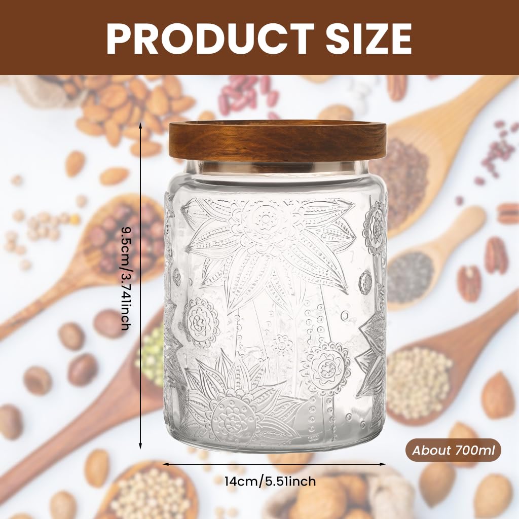 HASTHIP Mason Jar for Kitchen Storage with Airtight Wooden Lid and 24oz Glass Design | Vintage Embossed Food Container