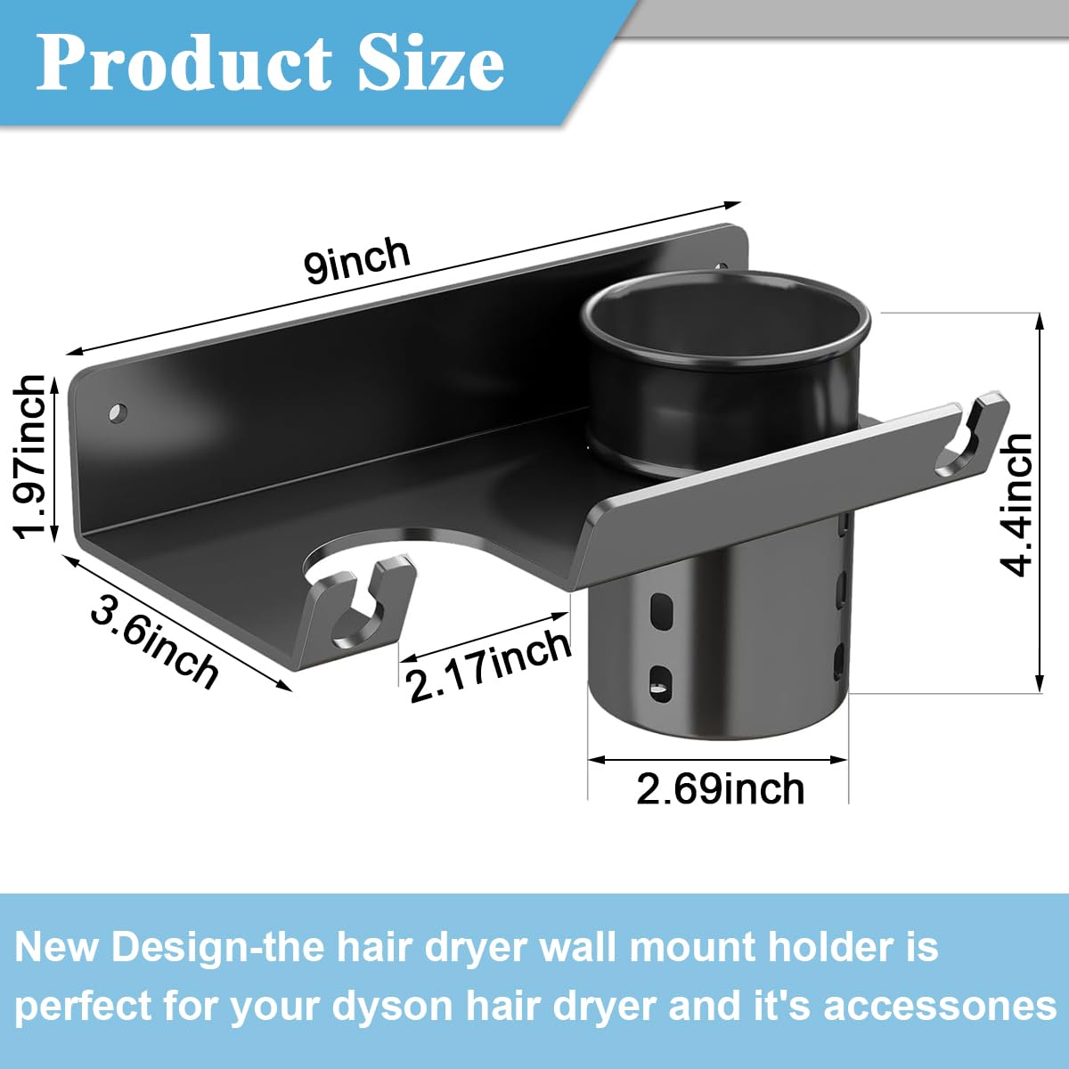 Hair Dryer Stand - Carbon Steel Wall Mounted Hair Dryer Rack with Styling Tool Organizer, Self-Adhesive Hair Dryer Rack for Dyson Hair Dryer, Perfect for Bathroom, Salon & Dressing Room