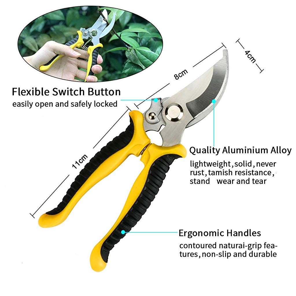 5Pcs Gardening Tools for Garden Home Patio, Heavy Duty Aluminum Tools Set with Gardening Transplanting Spade, Cultivator, Pruner, Trowel and Gardening Gloves, Durable Gardening Accessories