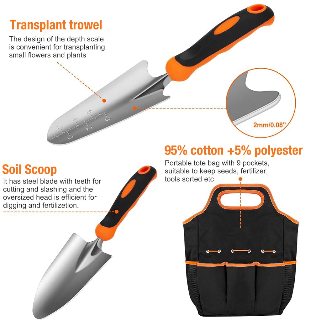 HASTHIP Gardening Tools Set for Home Planting with Ergonomic Handles and 600D Tote Bag