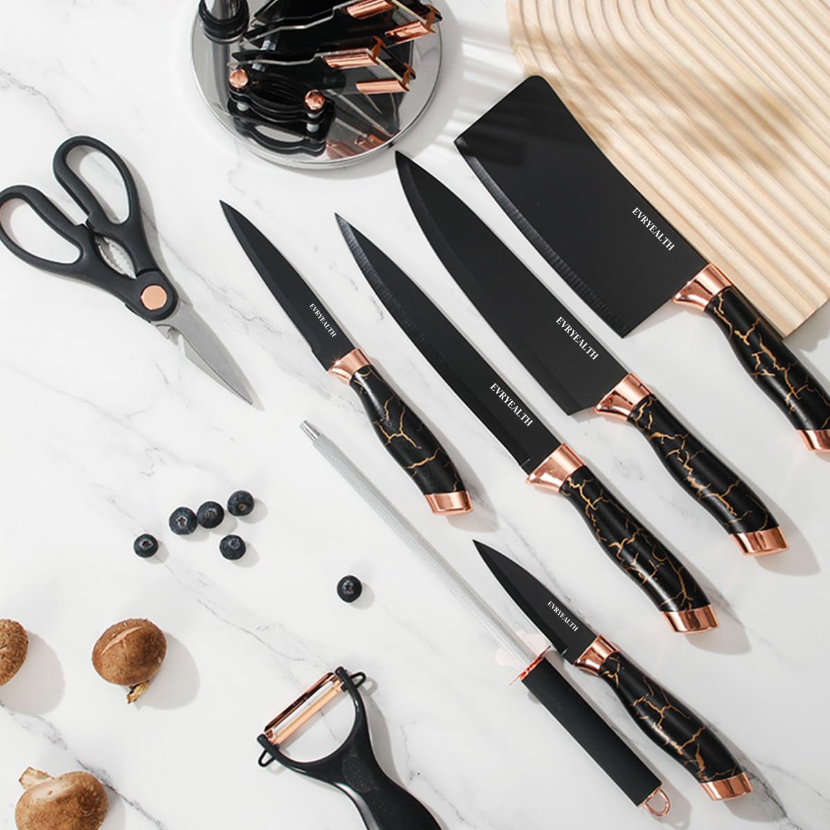 HASTHIP Kitchen Knife Set for Home Chefs with Ergonomic Handles and 9Pcs Stainless Steel Blades