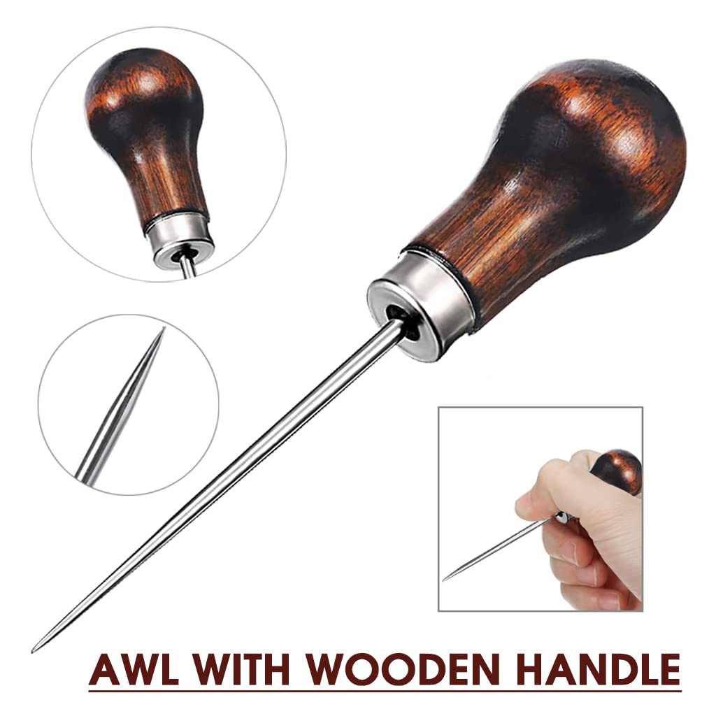 4 Pcs Awl Tool Needles Sewing Awl Hand Stitcher Gourd Shape Leather Craft Cloth Wooden Handle Scratch Awl Tool Pin Punching for Canvas Leather Pouch Hole DIY Shoes Repair