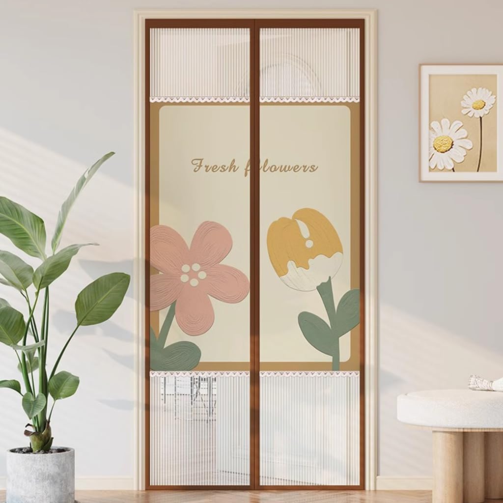 HASTHIP Screen Magnetic Mosquito Net for Door 39.37x 82.68 in with Auto Close Magnets | Coffee Patchwork Polyester Mesh Curtain