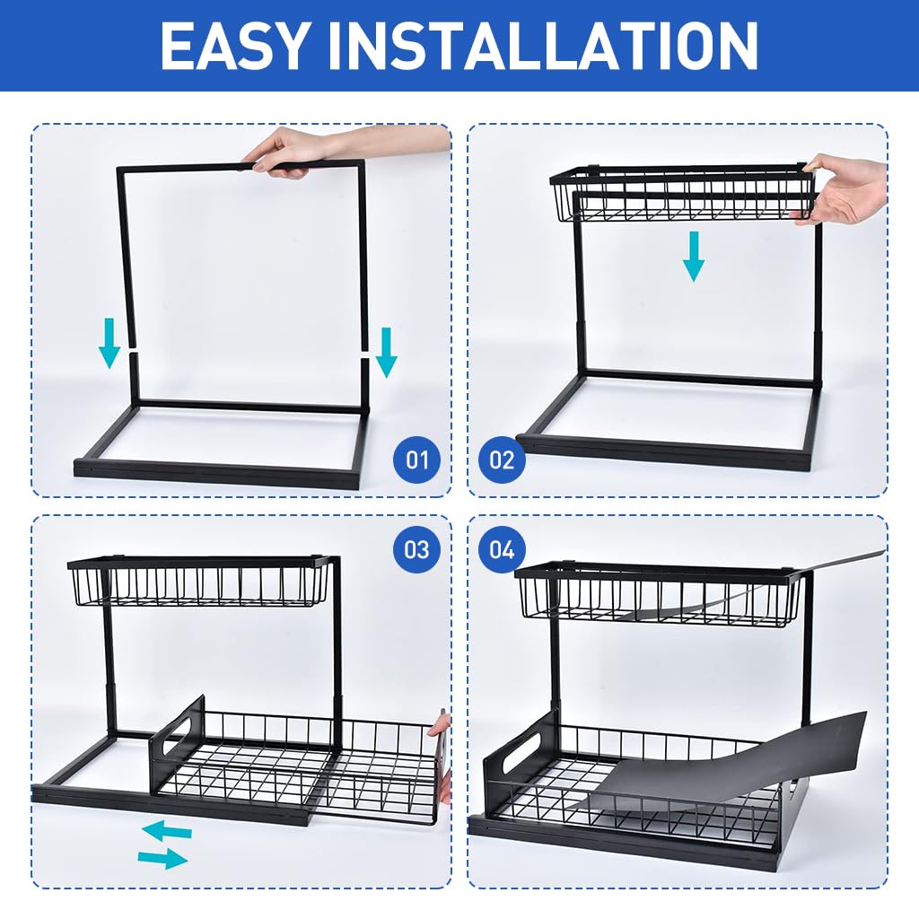 HASTHIP Under Sink Organizer for Kitchen and Bathroom with 2 Tier Pull Out Metal Shelves | Sliding Storage Rack