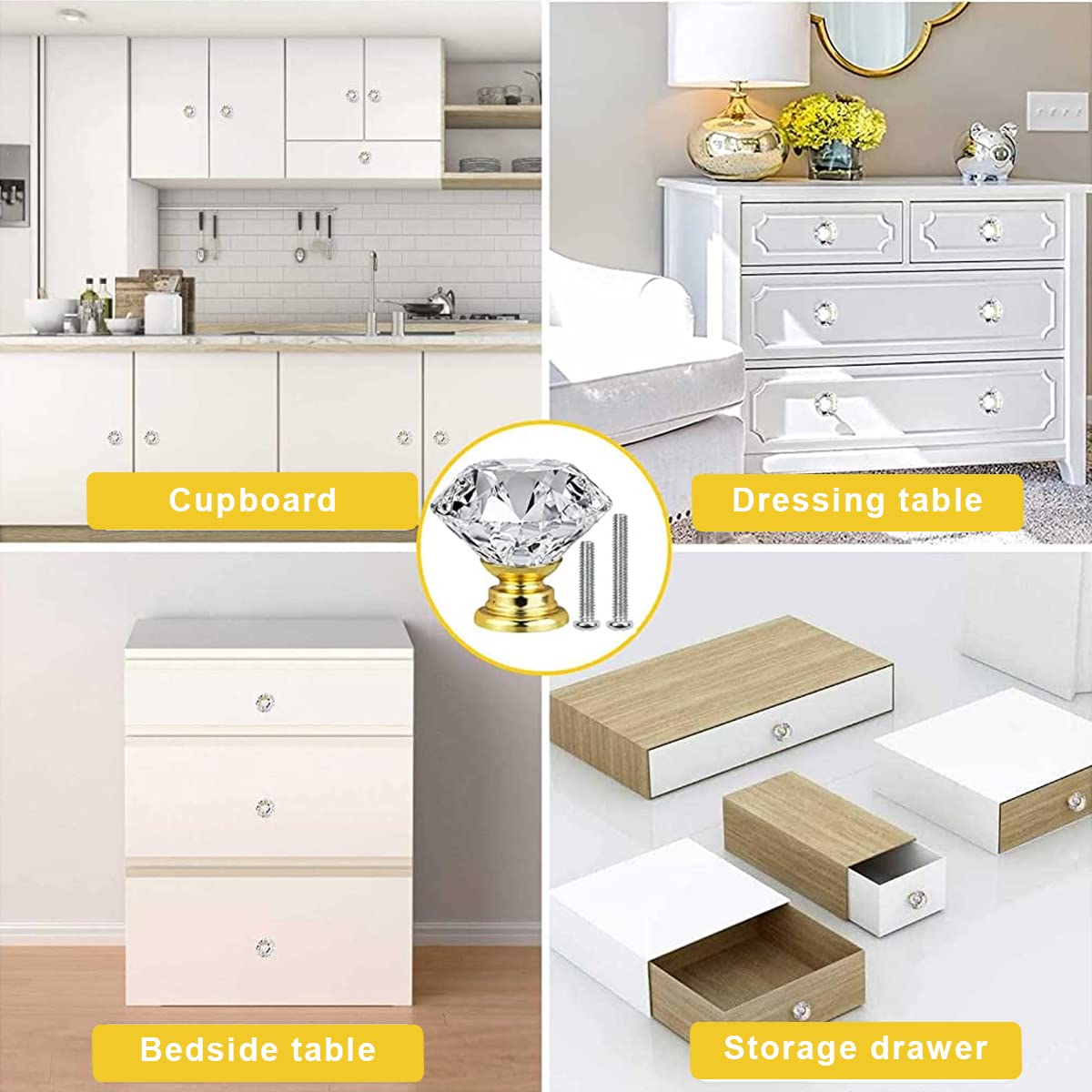 HASTHIP Cabinet Knob Pull Handle Set for Dresser and Drawers with 6 Pack 30mm Crystal Glass Diamond Knobs | Includes Screw Kit