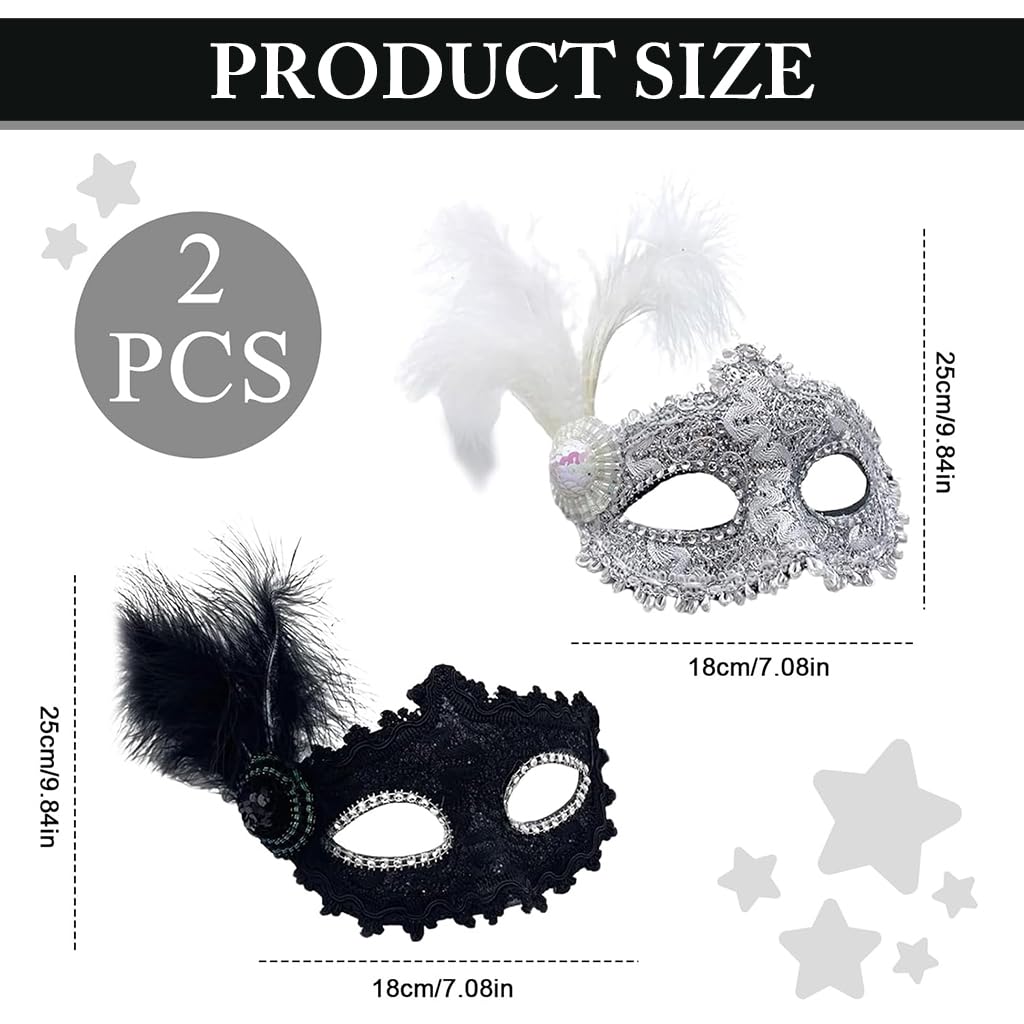 HASTHIP® 2 Piezas Máscaras Venecianas para Mujer con Plumas Elegantes,Antifaz de Baile de Carnaval y Fiesta Disfraces,Máscara Ojos Negra y Blanca con Cinta Ajustable