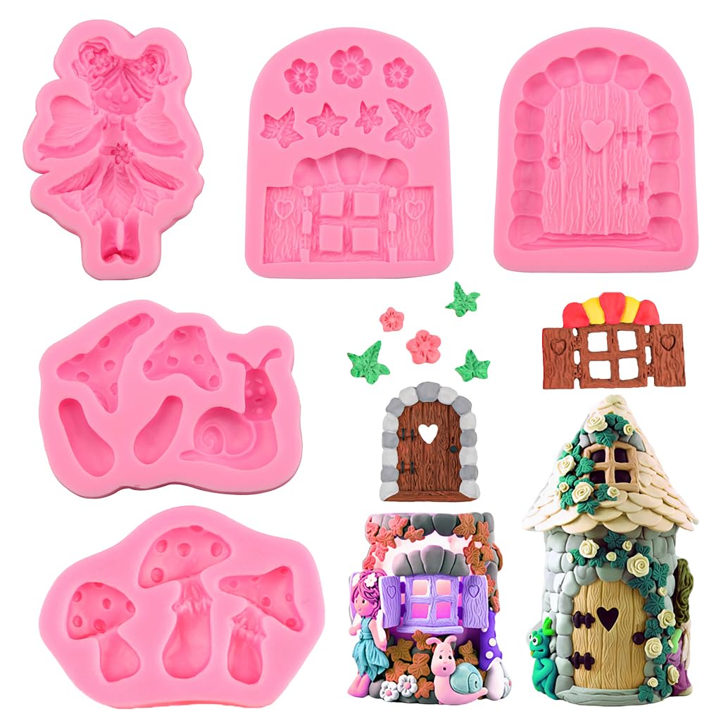 HASTHIP® 5Pcs Chocolate Fondant Molds Food Grade Silicone Baking Molds Dreamy Forest Mushroom Hut Design, Assembly Fondant Molds for Cake Decorating, Candy, Sugarcraft
