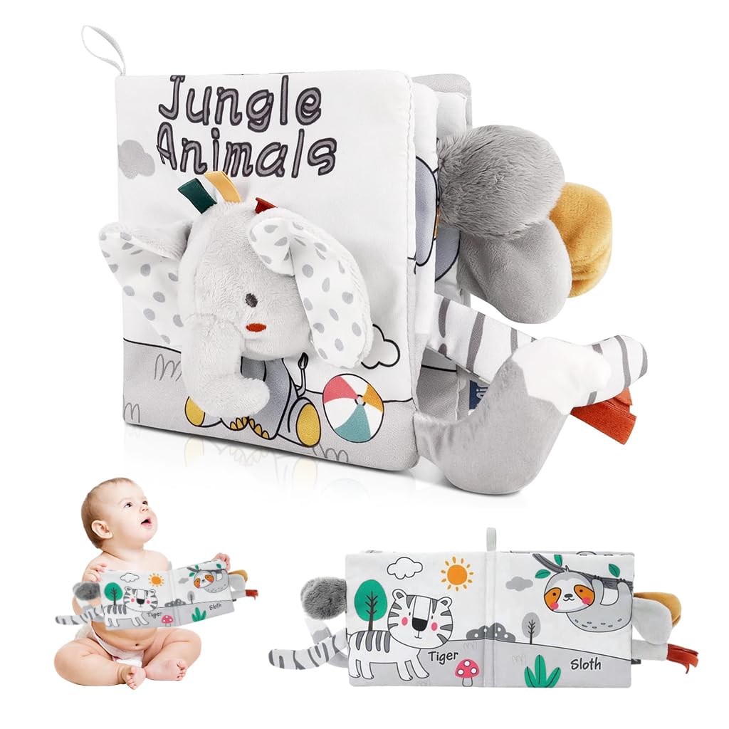 HASTHIP® Libros de Tela para Bebés 0-12 Meses,Juguetes Sensoriales Educativos de Elefante,Libros Blandos Tela Suave con Sonido y Texturas Libro Educativo Actividad Impermeable Regal