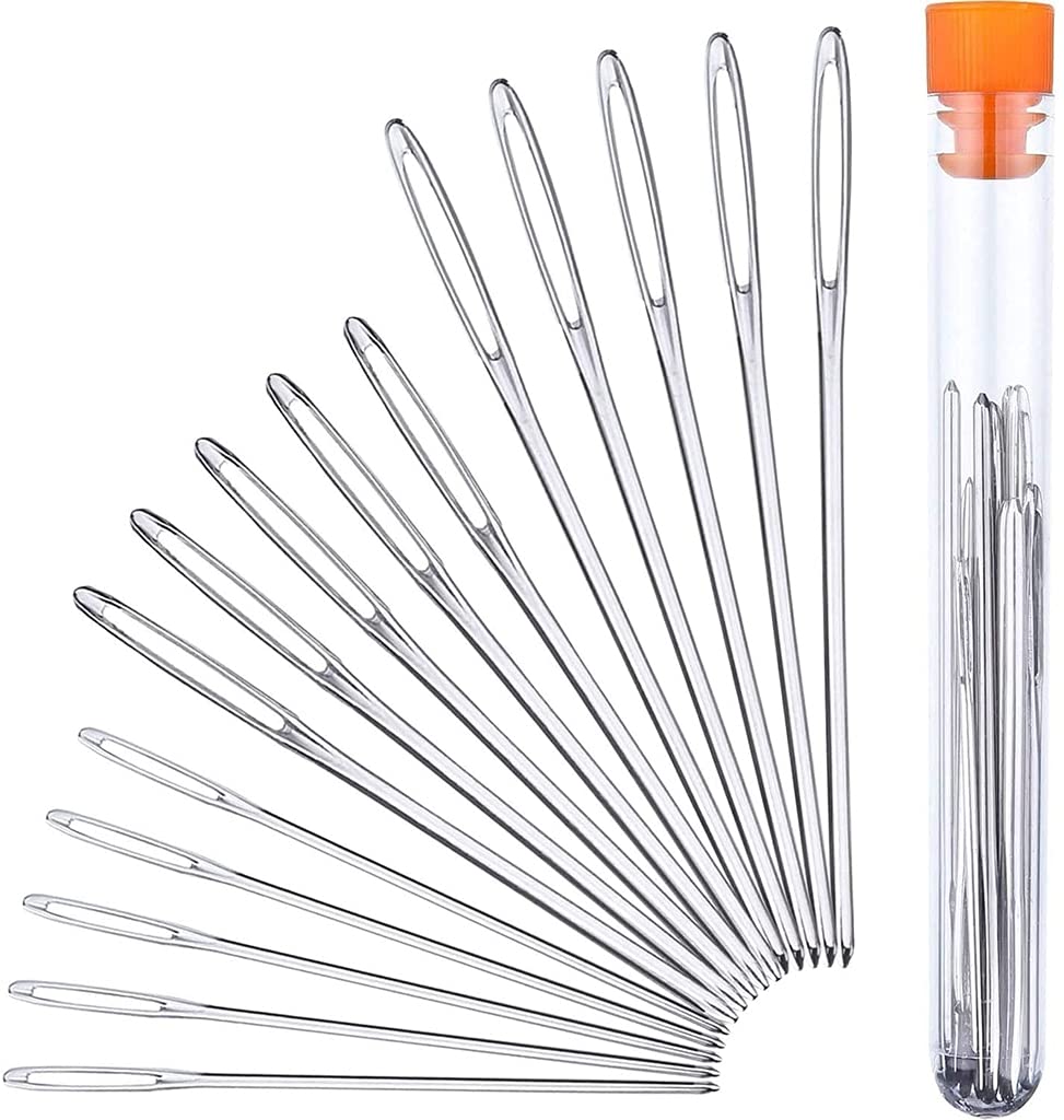 Wool Knitting Needle Set, Stainless Steel Big Eye Needle, Wool Knitting Needle, Tatting Needle, Knitting Needle Set Steel with Clear Bottle, Perfect for Crochet Projects (15pcs)