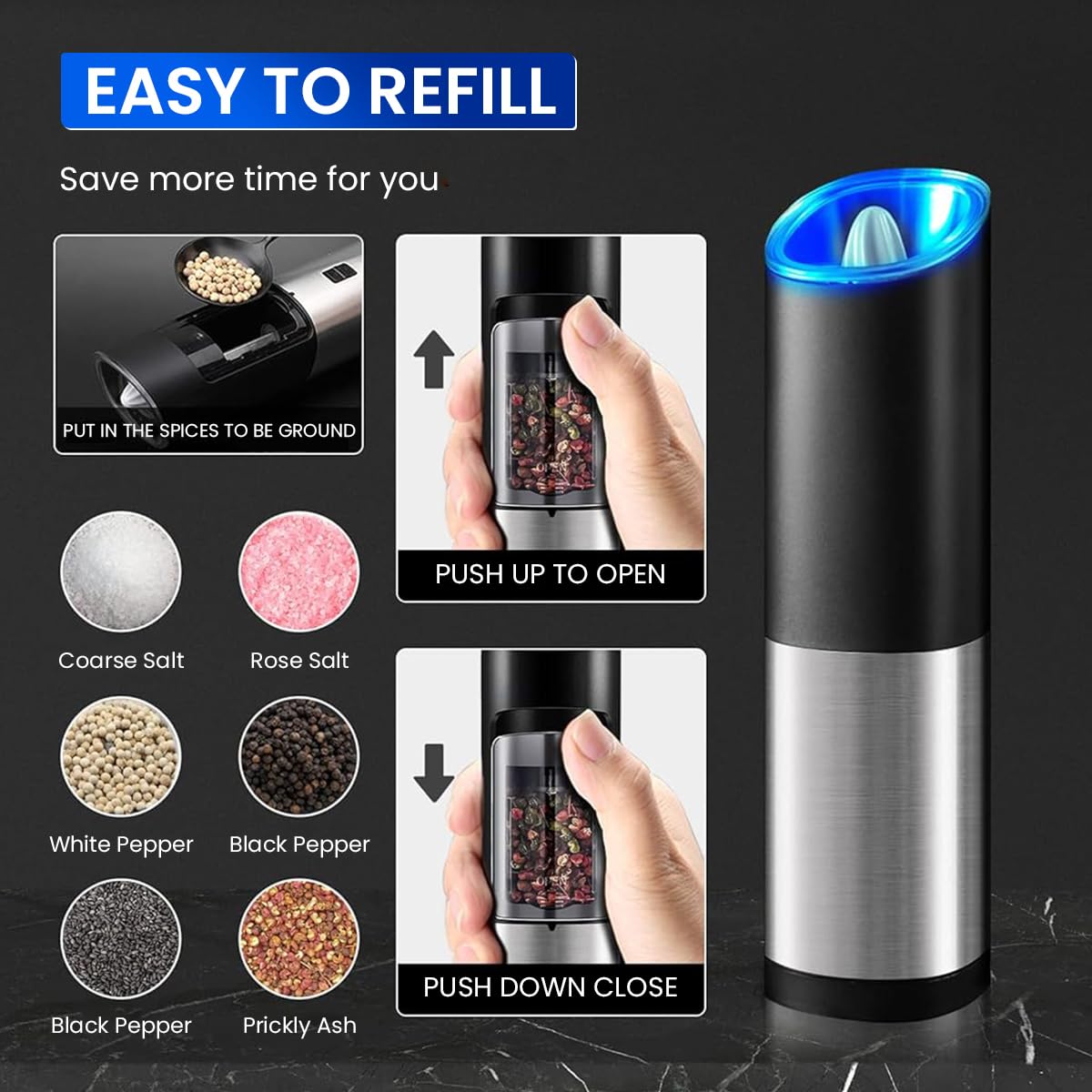 HASTHIP Electric Pepper Grinder with LED Light and Ceramic Core | Battery Operated Adjustable Coarseness