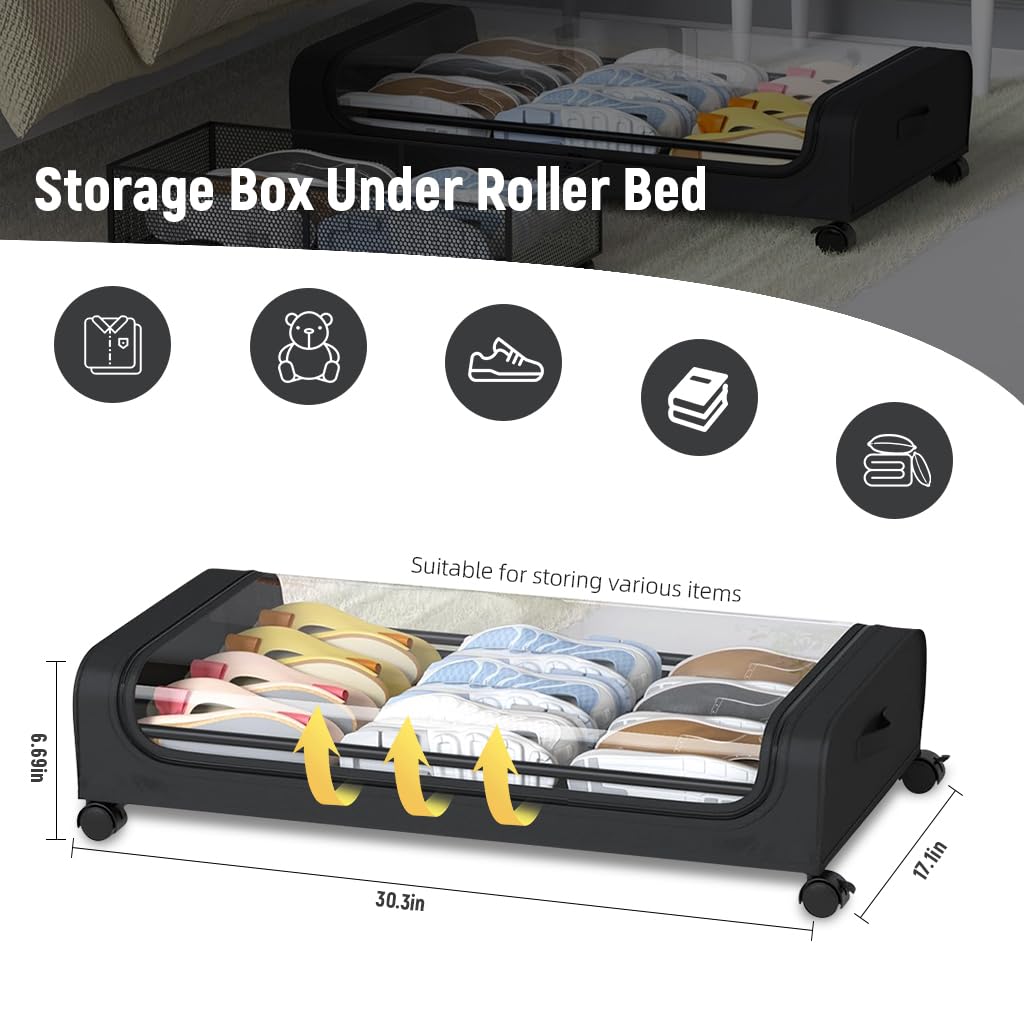 HASTHIP Under Bed Storage Organizer 32"x17"x6.3" with Wheels and Zip Cover in Black